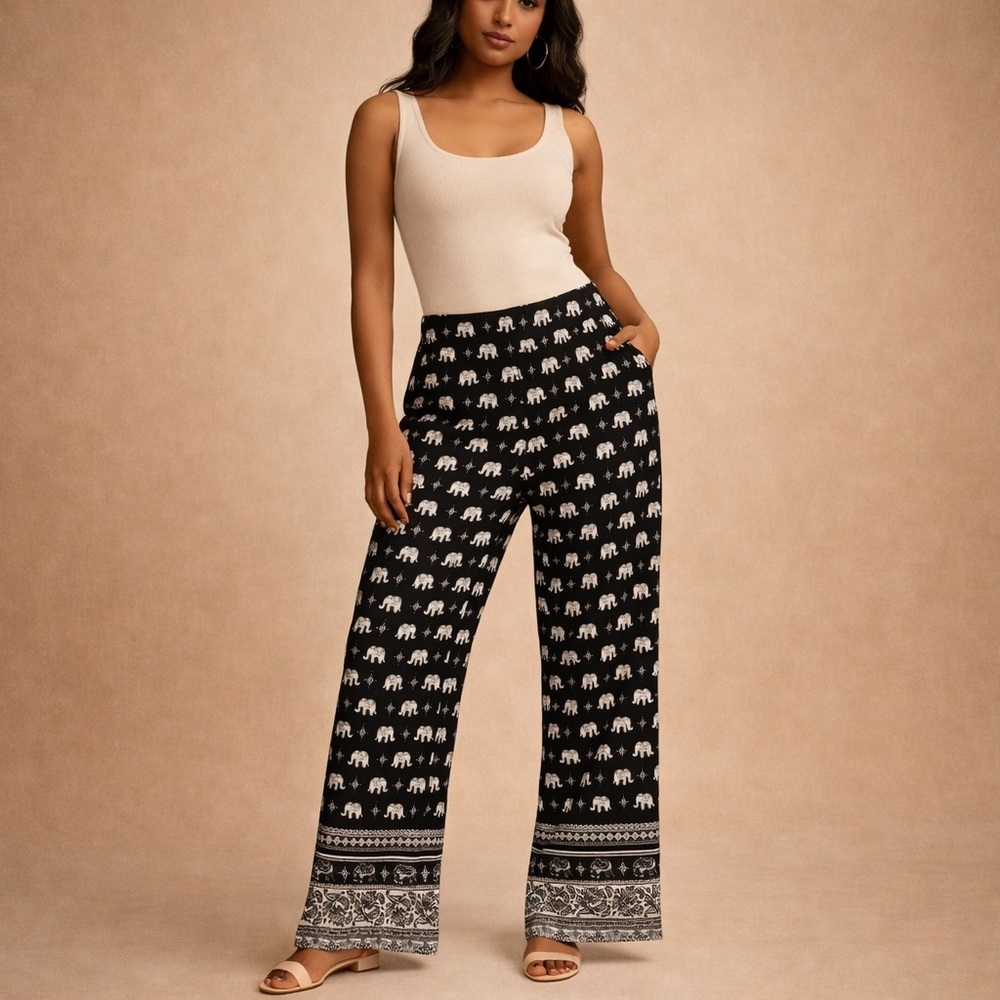 FOREVER 21 Elephant Print Wide Leg Boho Pants Size Medium